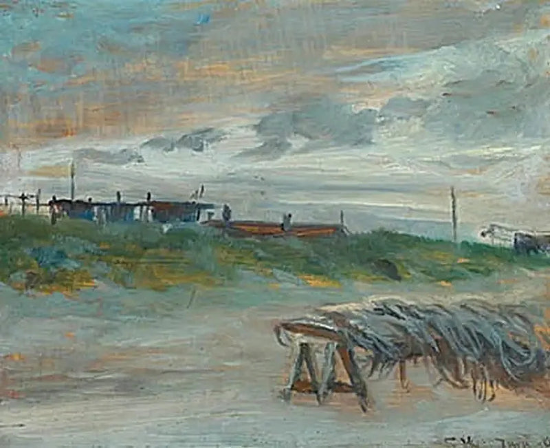 Skagen Sønderstrand op een juninavond, bij bewolkt weer. Vissersnetten vooraan. - Peder Severin Krøyer