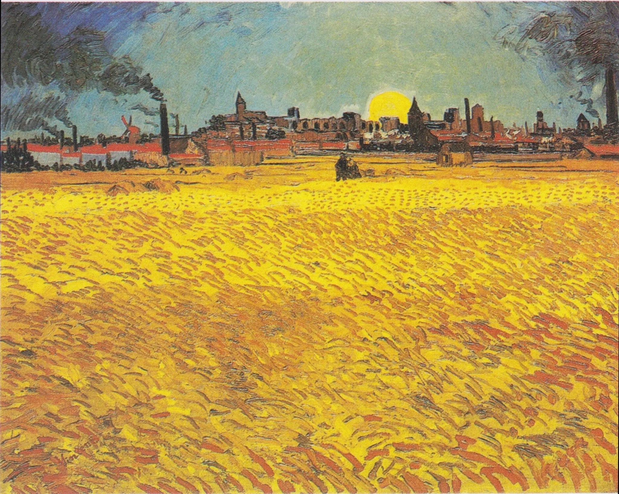Soir d’été, F465 — champ de blé jaune, ville d’Arles et soleil couchant peints par Vincent van Gogh