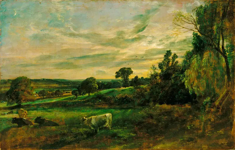 Zomeravond: uitzicht nabij East Bergholt met de kerk van Langham, de kerk van Stratford en de kerk van Stoke-by-Nayland - John Constable