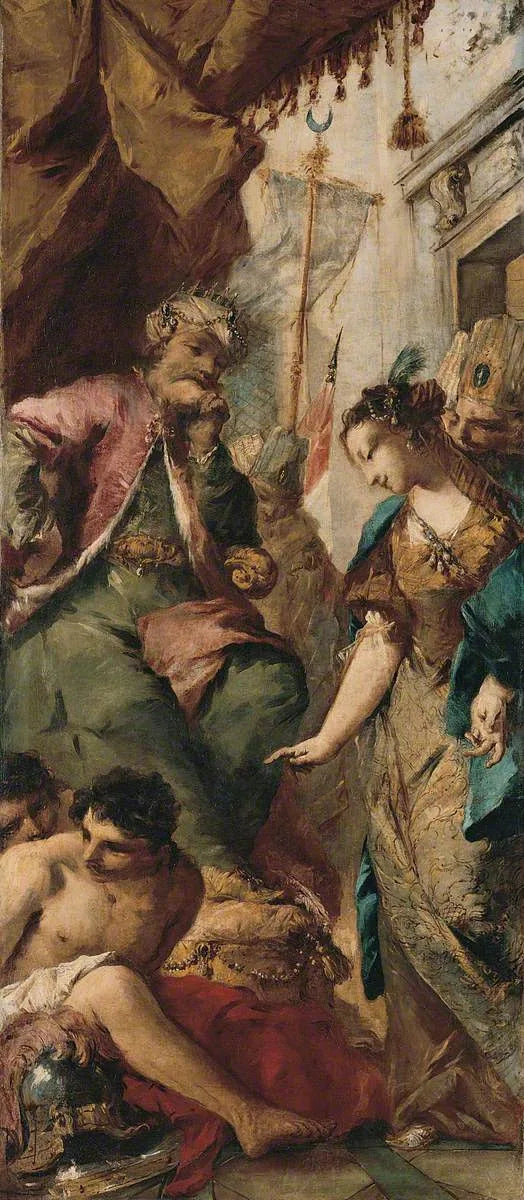 Sophronie vraagt de Saracijnse koning Aladine om de christelijke gevangenen vrij te laten - Francesco Guardi