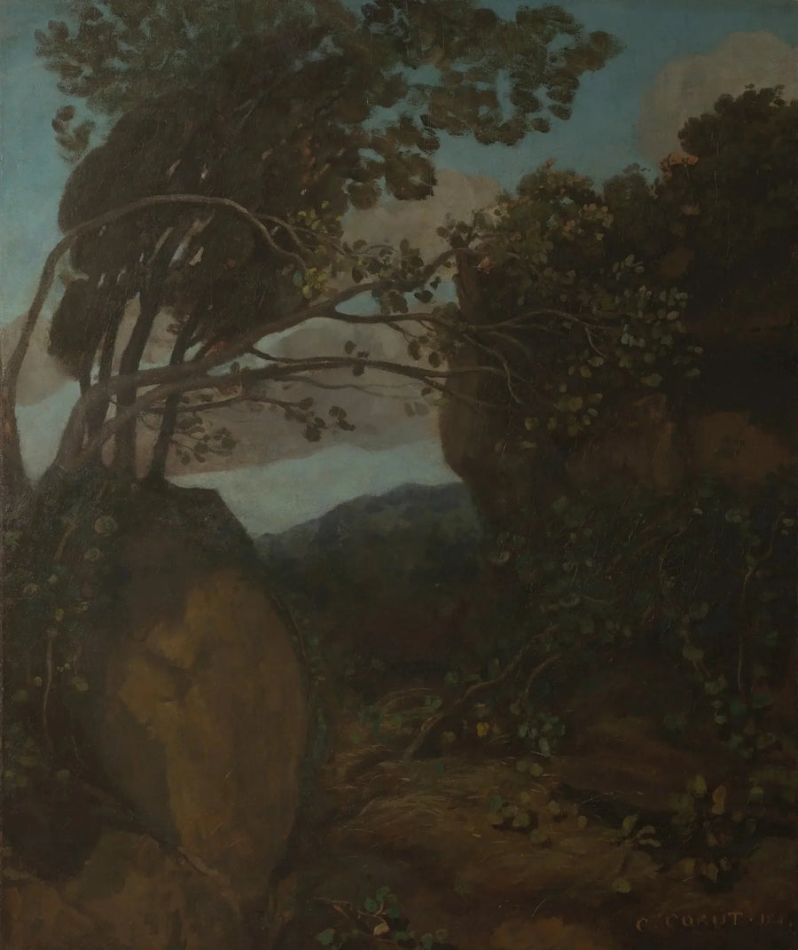 Herinnering aan Nemi. Rotsen en struiken - Jean-Baptiste Camille Corot