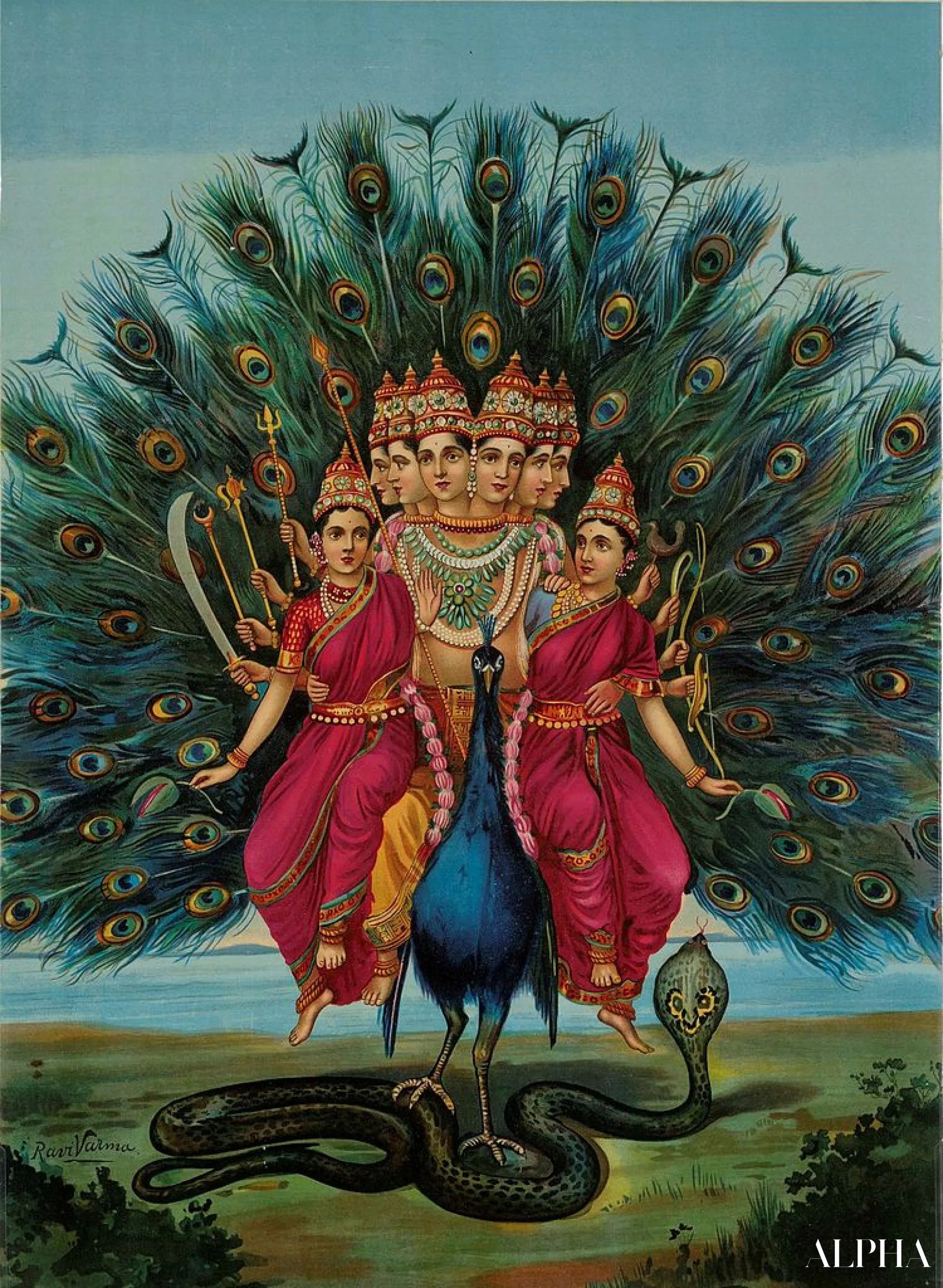Sri Shanmukaha Subramania Swami - Raja Ravi Varma - Reproducties van hoogwaardige schilderijen en schilderijen