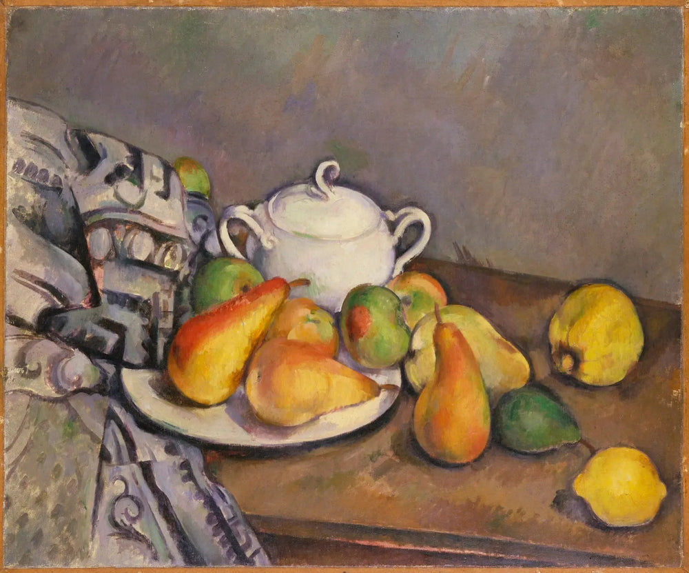 Reproduction du tableau « Sucrier, poires et tapis - Paul Cézanne » par Alpha Reproduction en peinture à l’huile