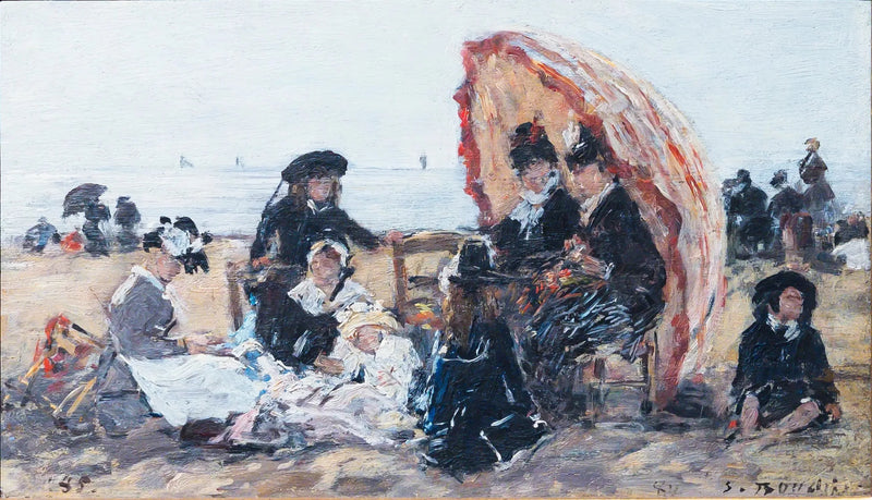 Op het strand van Trouville, beschut onder de rode parasol - Eugène Boudin