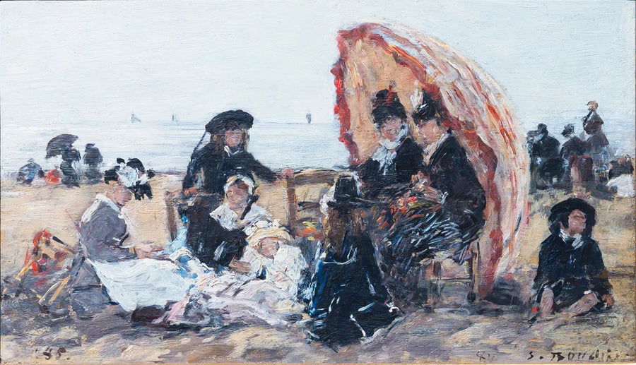 Op het strand van Trouville, beschut onder de rode parasol - Eugène Boudin