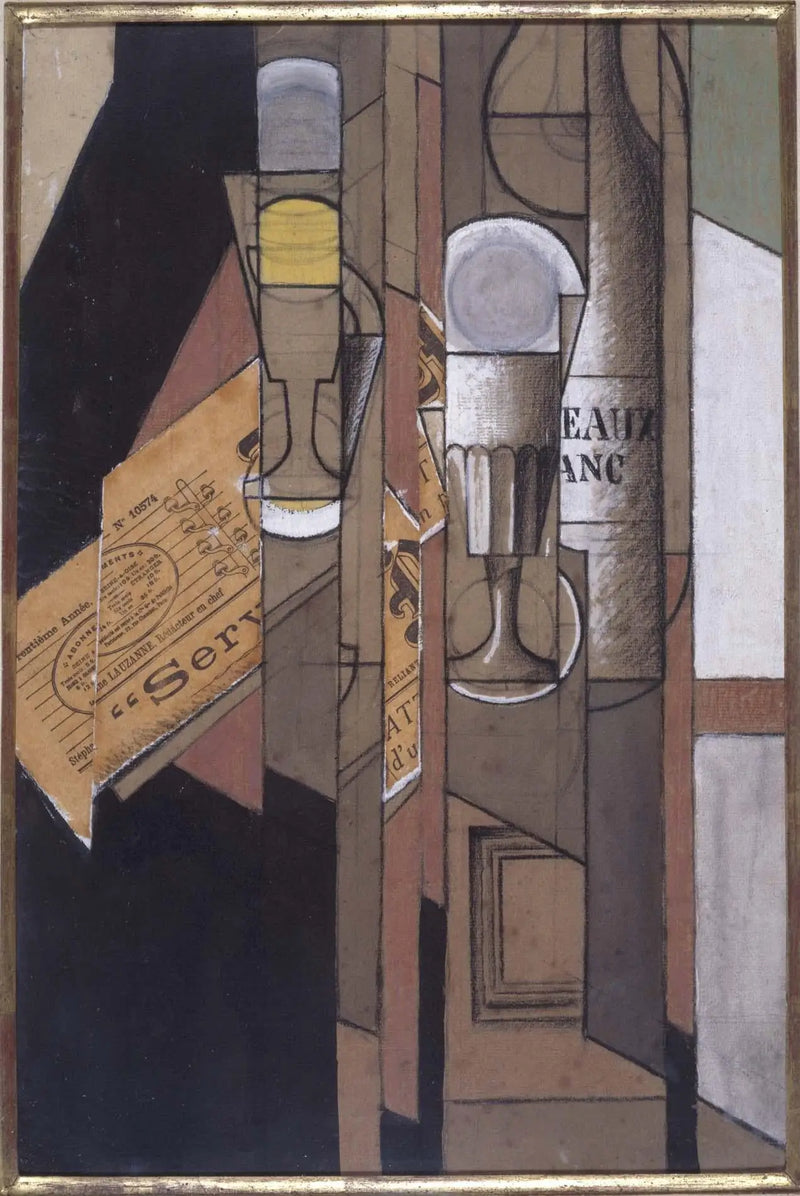 Bekers, tijdschrift en wijnfles - Juan Gris