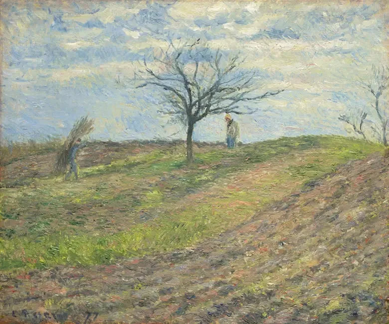 Bewerkte aarde in de winter, met een man die een hoed draagt - Camille Pissarro