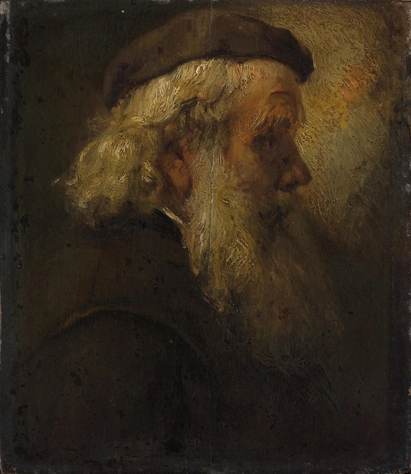 Hoofd van een oude bebaarde man in een baret, zijaanzicht - Rembrandt