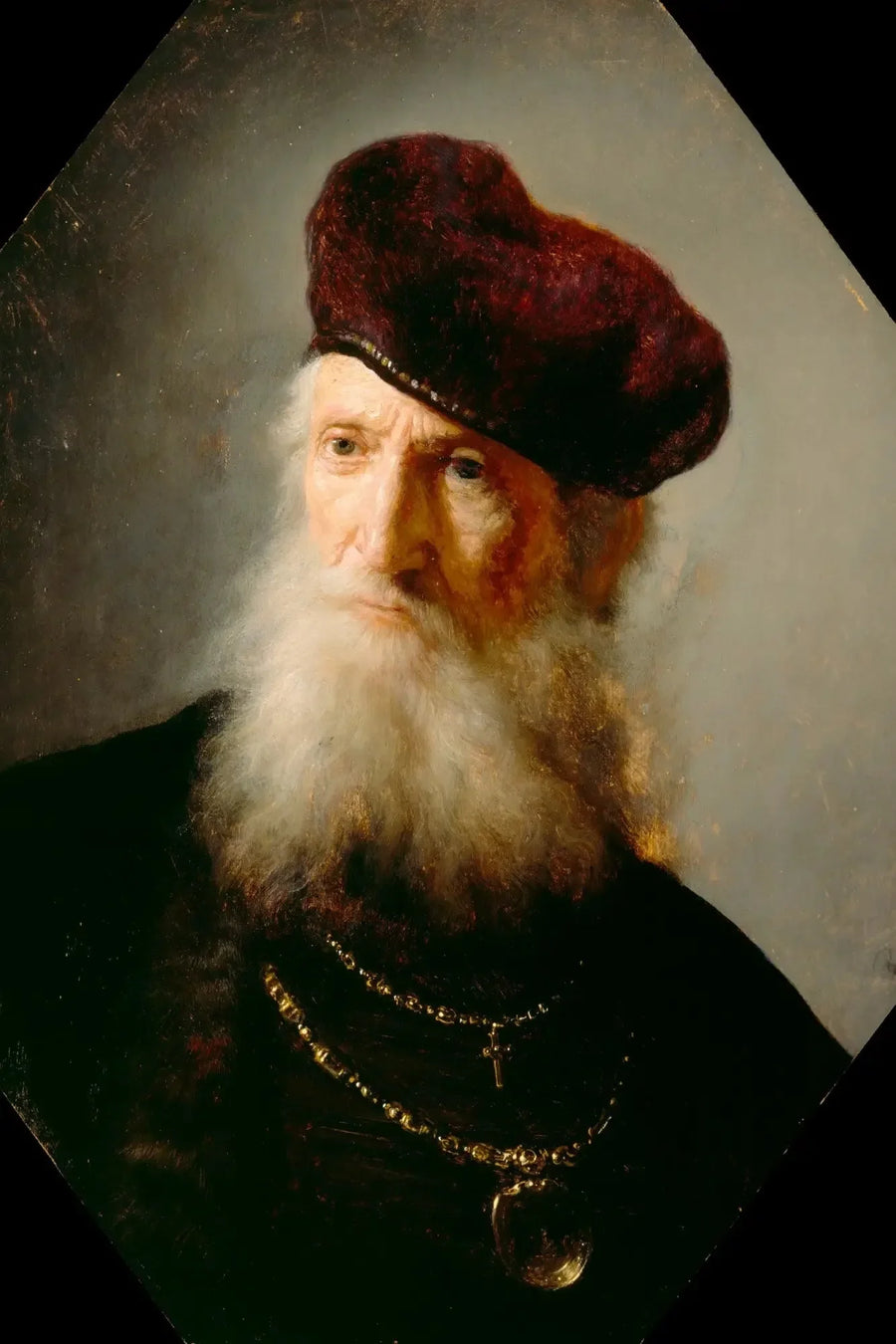 Hoofd van een oude bebaarde man met een hoge baret - Rembrandt