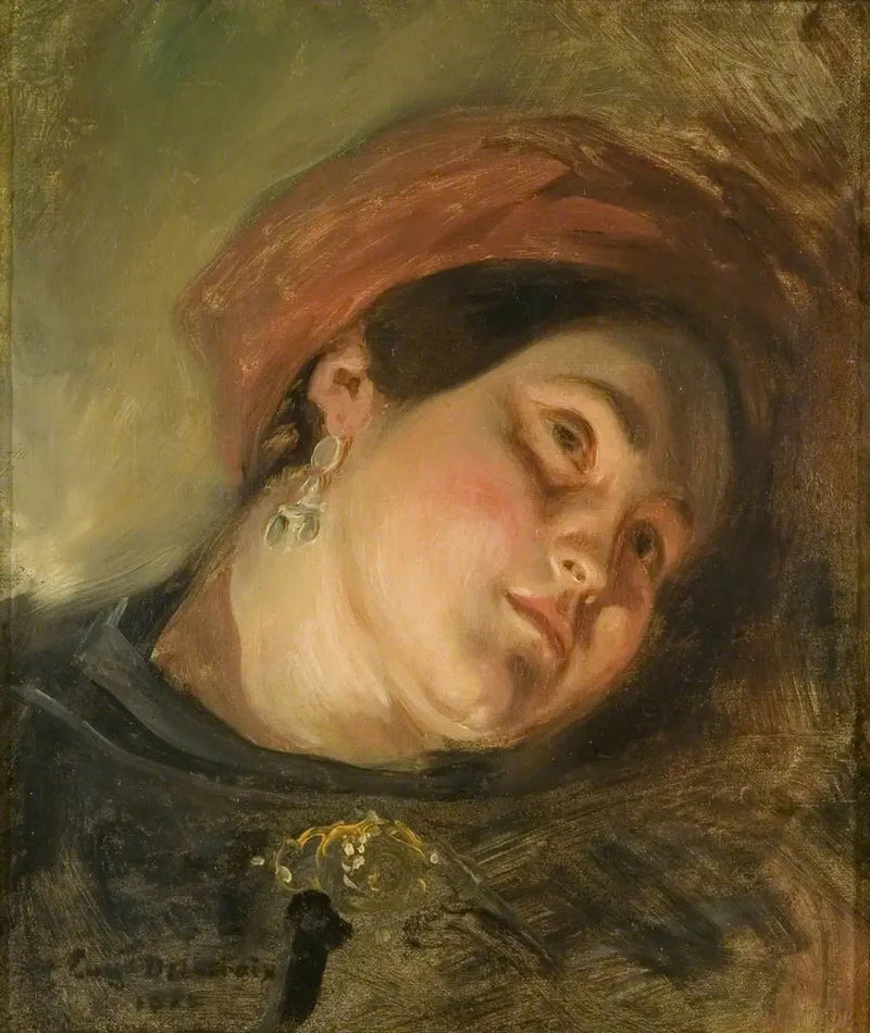 Hoofd van een vrouw met een rode tulband - Eugène Delacroix