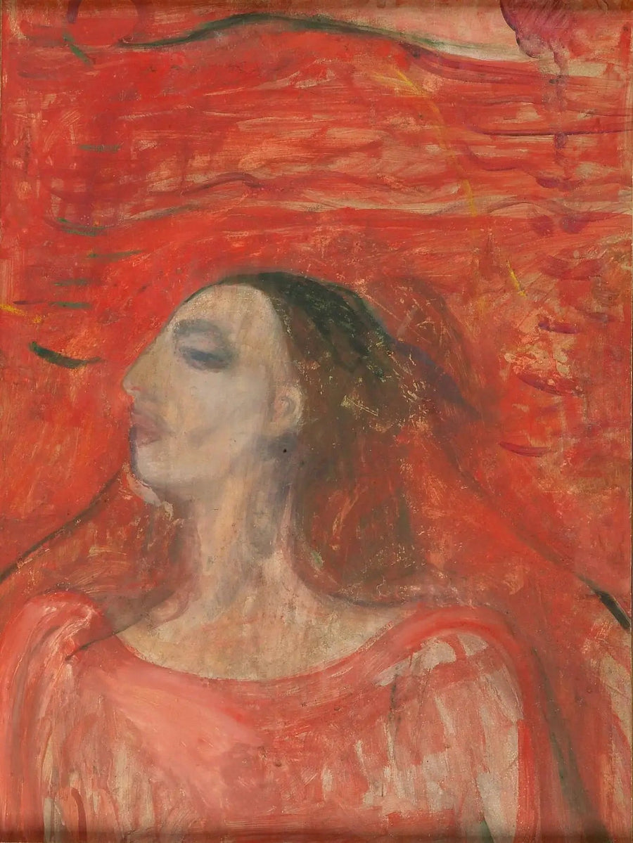Vrouwelijk hoofd op rode achtergrond - Edvard Munch