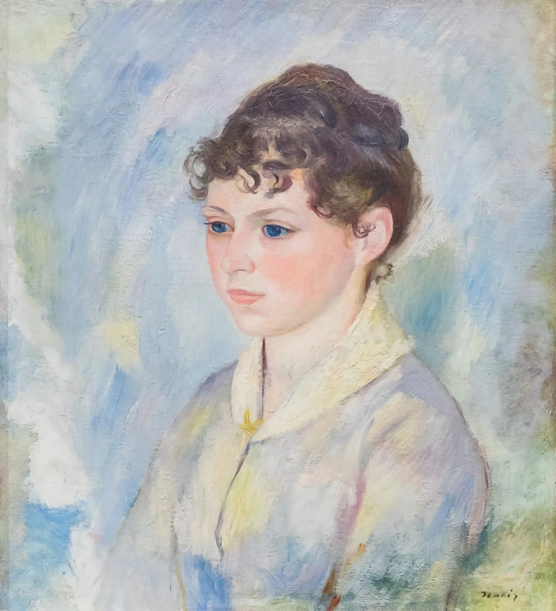 Hoofd van een jong meisje op een lichtblauwe achtergrond - Pierre-Auguste Renoir