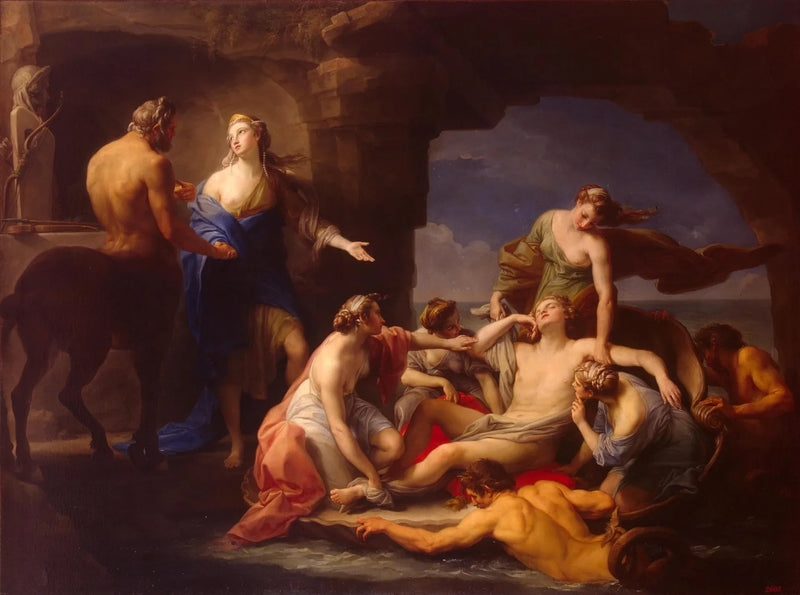 Thetis neemt haar slapende zoon Achilles weg bij de centaur Chiron - Pompeo Batoni