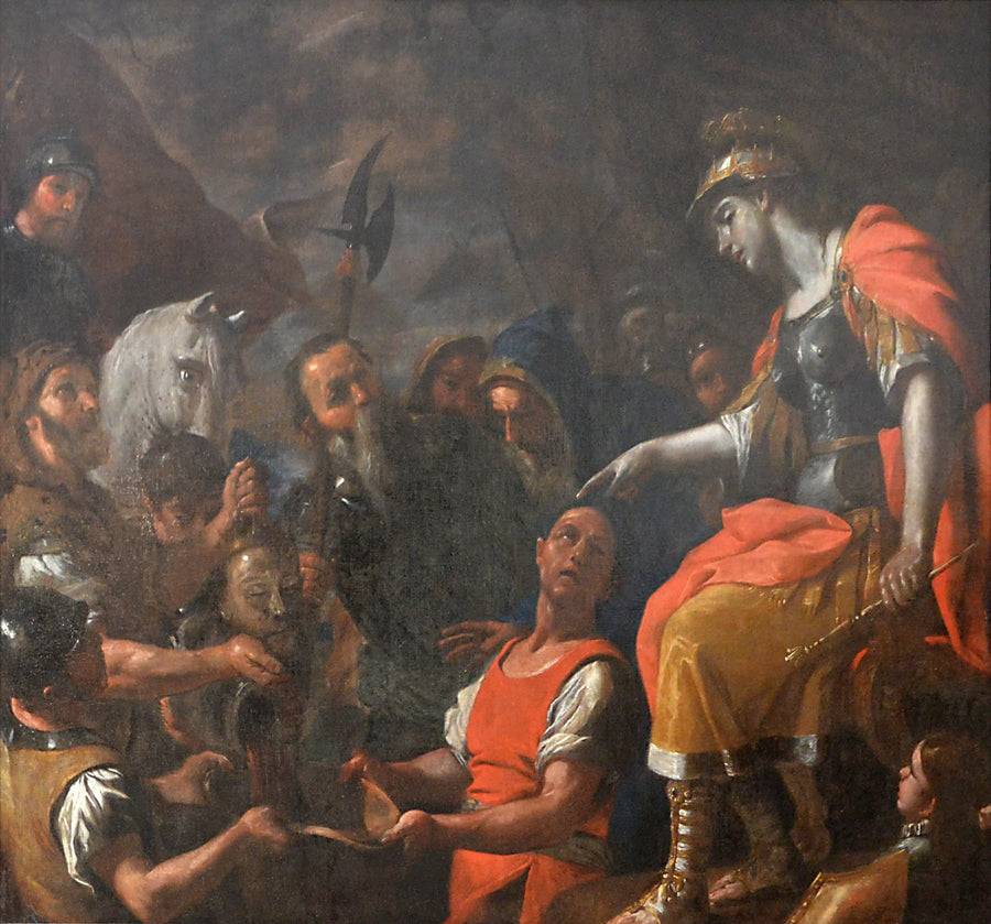 Thomyris die een onderzeeër maakt in het bloed, de kop van Cyrus - Mattia Preti