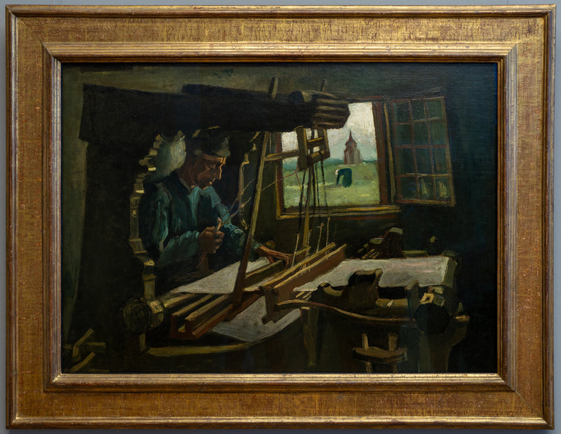Weber voor een open raam met uitzicht op de Toren van Nuenen - Vincent van Gogh