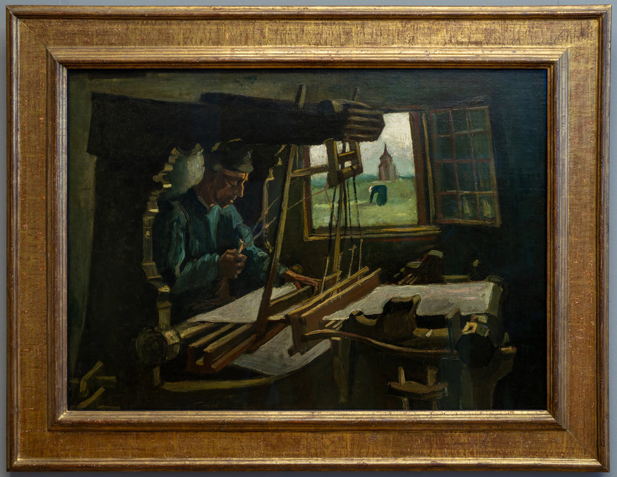 Weber voor een open raam met uitzicht op de Toren van Nuenen - Vincent van Gogh