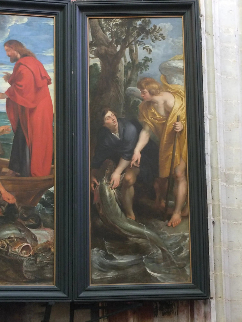 Tobie vangt de vis en trekt deze op de aarde op bevel van de engel (Tobie 6:1-10), 1618-19 - Peter Paul Rubens