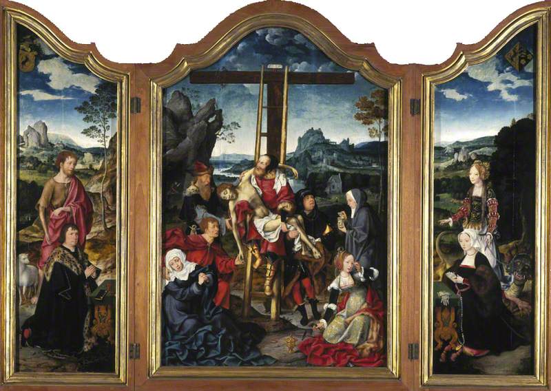 Triptychon. In het midden: de Kruisafname; links: Sint-Jan de Doper met een schenker; rechts: Sint Margaretha van Antiochië met een schenkster. - Joos van Cleve