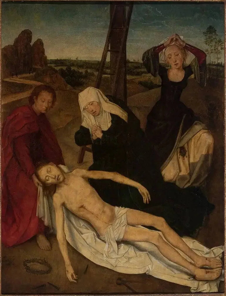 Triptychon, centrum: Christus dat wordt gekruisigd door de Heilige Maagd, Sint Jan en Heilige Maria Magdalena - Hans Memling