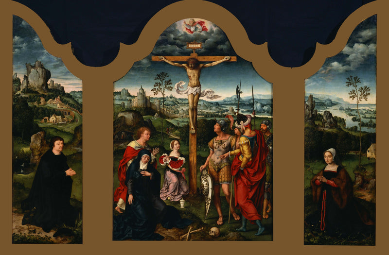 Triptychon: De Kruisiging geflankeerd door de knielende schenker en zijn echtgenote - Joos van Cleve