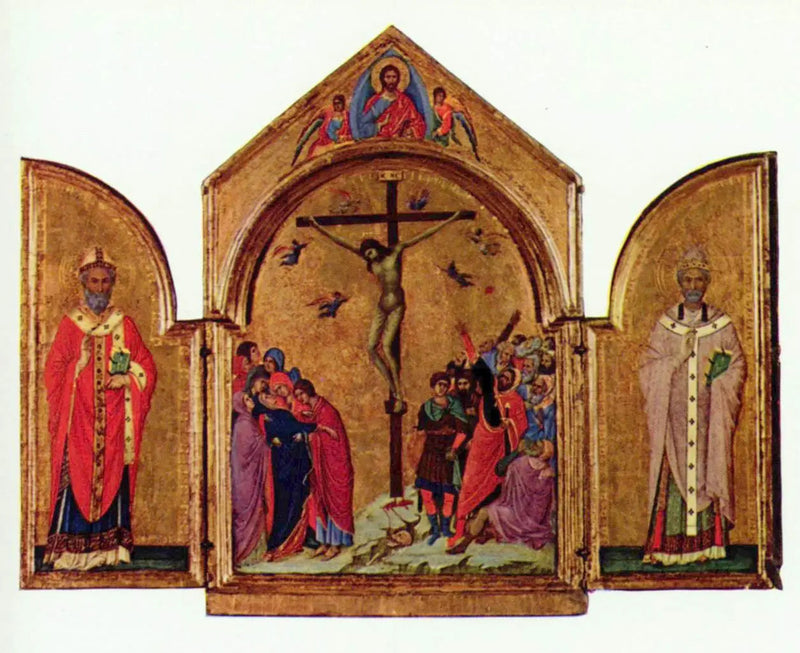 Triptychon: de Kruisiging; de Verlosser met de engelen; Sint-Nicolaas; Sint-Grégoire - Duccio di Buoninsegna