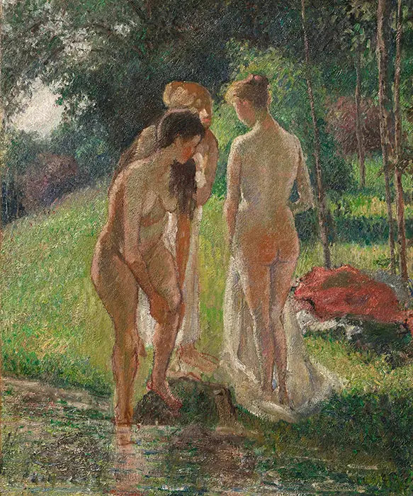Drie Badende Vrouwen die uit het Bad Komt - Camille Pissarro