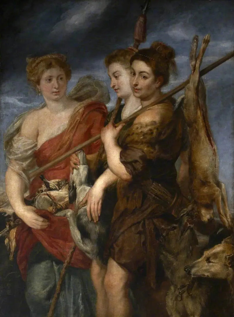 Drie jachtdames die terugkeren van de jacht - Peter Paul Rubens