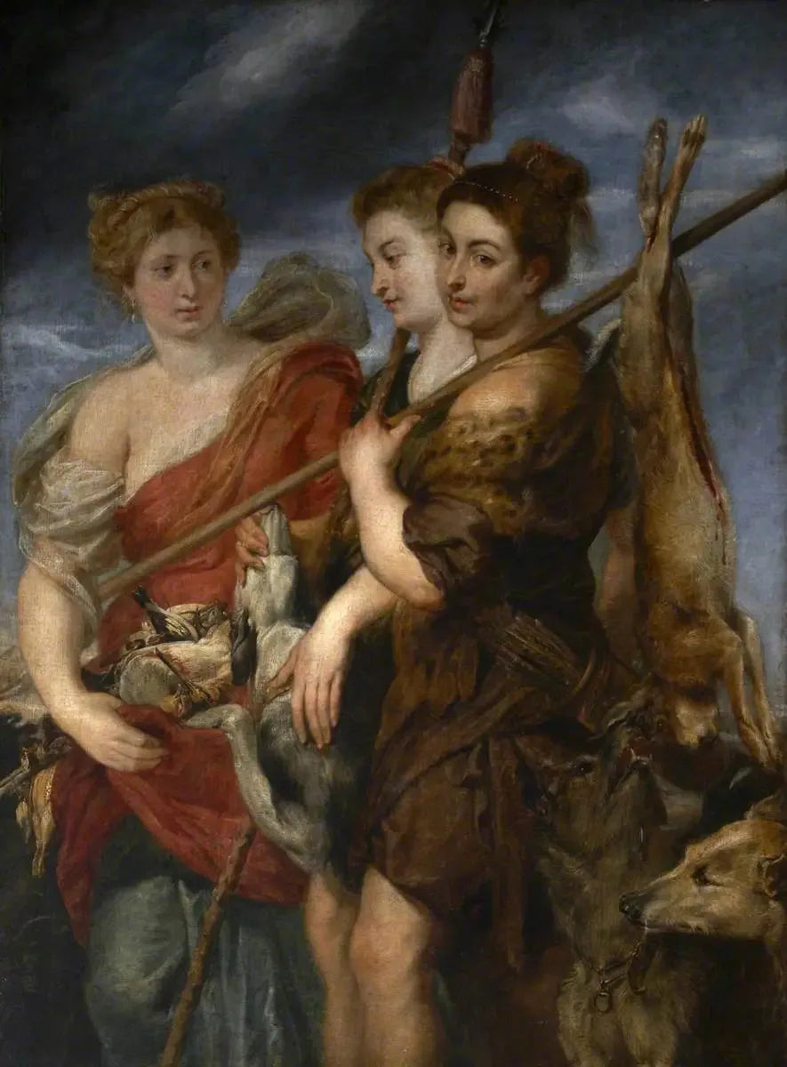 Drie jachtdames die terugkeren van de jacht - Peter Paul Rubens