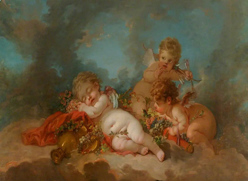 Drie Cupido's zwevend in de wolken - François Boucher
