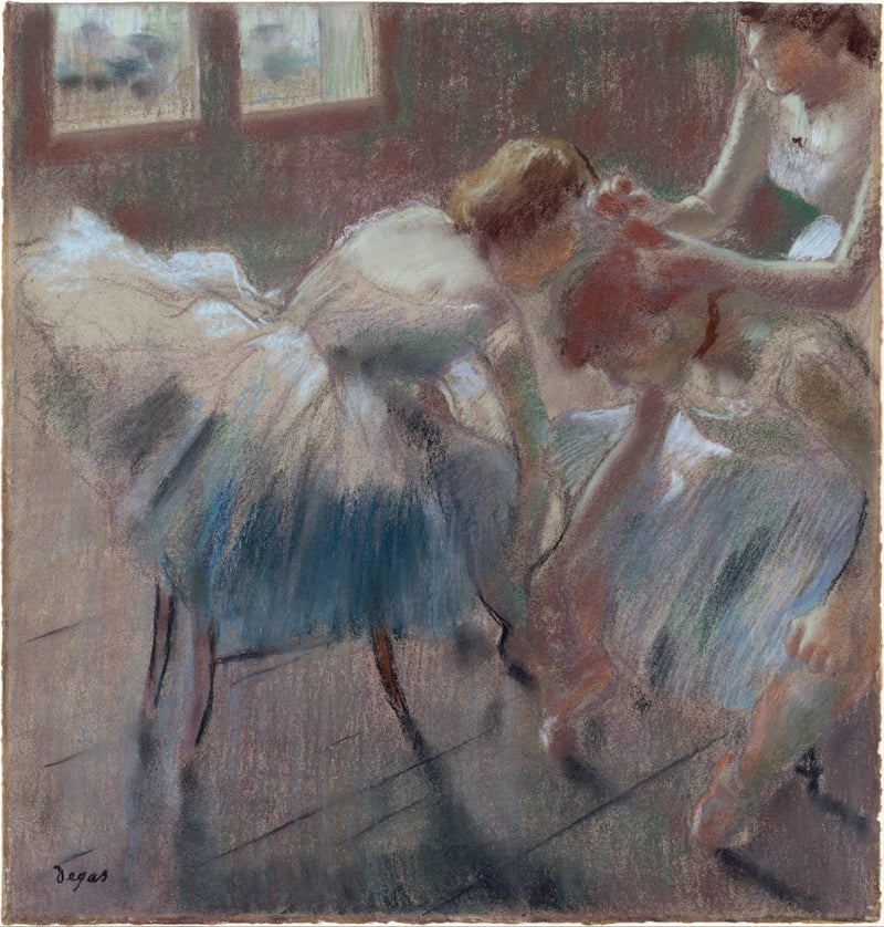 Drie dansers bereiden zich voor op de les - Edgar Degas