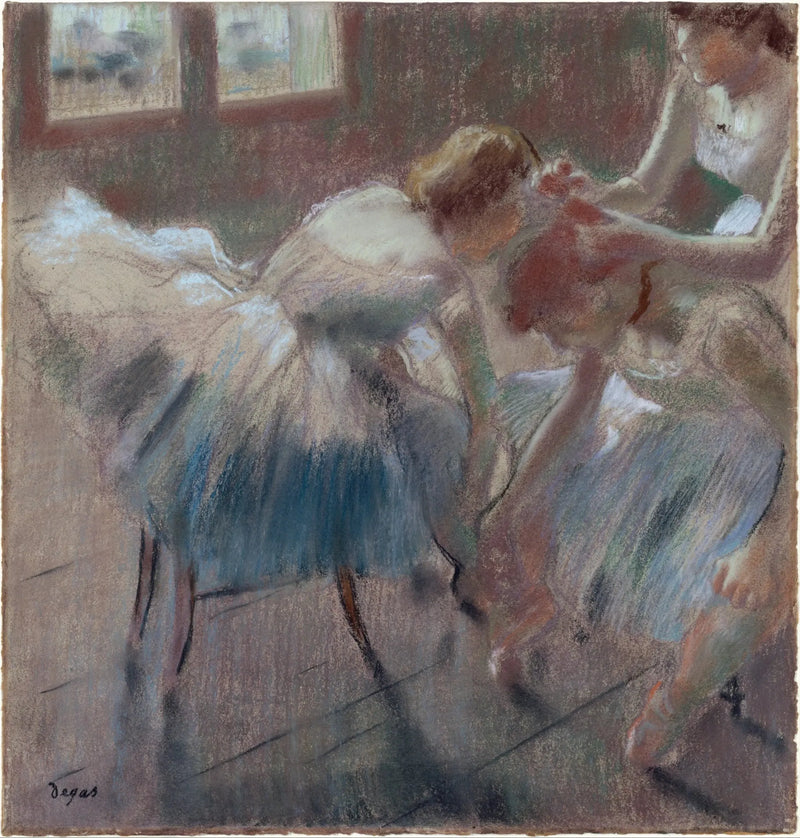 Drie dansers bereiden zich voor op de les - Edgar Degas