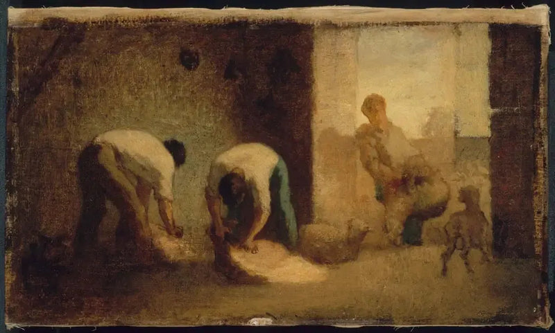 Drie mannen scheren schapen in een schuur - Jean-François Millet