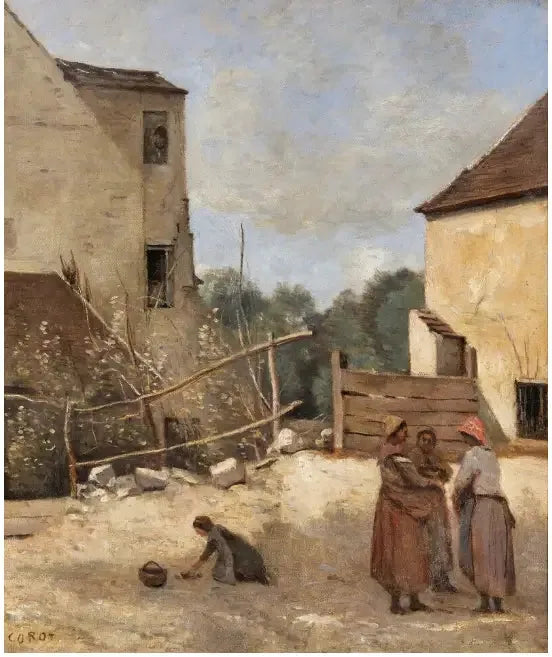 Drie boerenvrouwen pratend in een rustieke binnenplaats - Jean-Baptiste Camille Corot