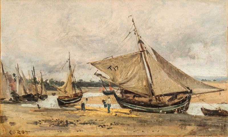 Trouville, vissersboten die vastlopen in de vaargeul - Jean-Baptiste Camille Corot