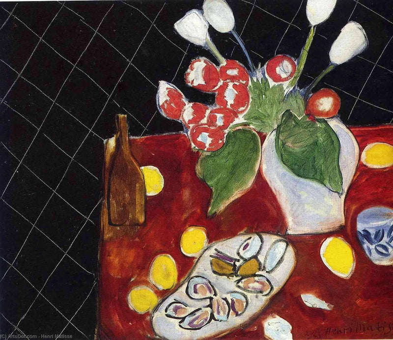 Tulpen en oesters op zwarte achtergrond - Henri Matisse
