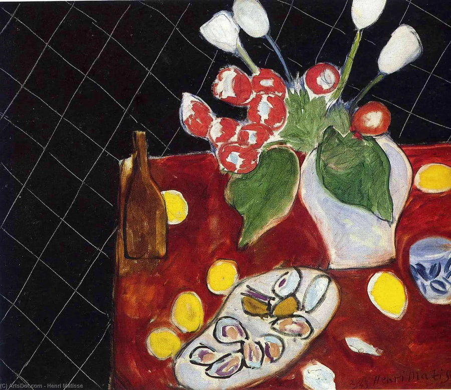 Tulpen en oesters op zwarte achtergrond - Henri Matisse