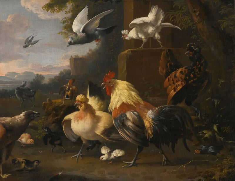 Een adelaar tegenover een jonge haan, kippen, duiven in de vlucht en andere vogels - Melchior de Hondecoeter
