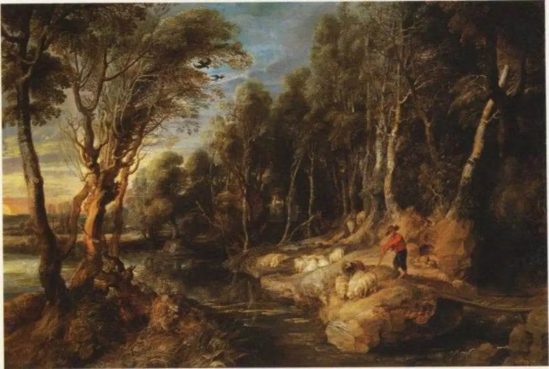 Een herder met zijn kudde in een bebost landschap - Peter Paul Rubens