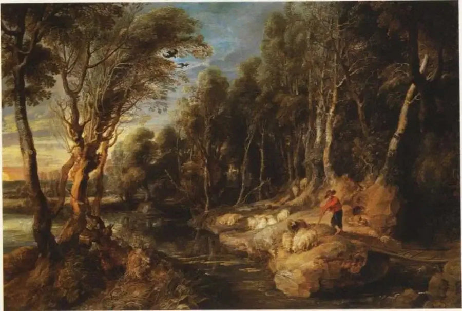 Een herder met zijn kudde in een bebost landschap - Peter Paul Rubens