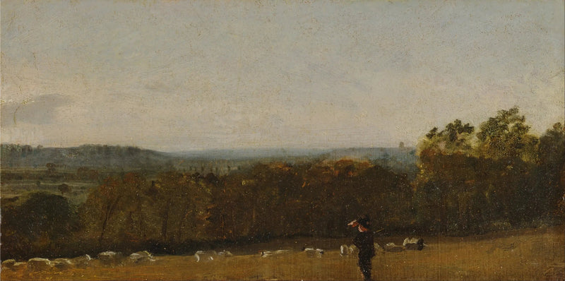Een herder in een landschap die door Dedham Vale kijkt in de richting van Langham - John Constable