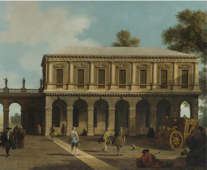Een Capriccio van de gevangenissen van San Marco gelegen op een plein met een koets en stadsbewoners - Canaletto