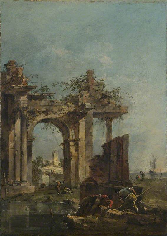 Een grill met ruïnes aan de rand van de zee - Francesco Guardi