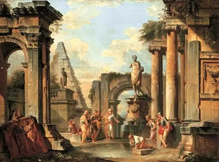Een grillige voorstelling van klassieke ruïnes met Diogenes die zijn beker gooit. - Giovanni Paolo Panini

Source:
Un caprice de ruines classiques avec Diogène jetant sa coupe. - Giovanni Paolo Panini