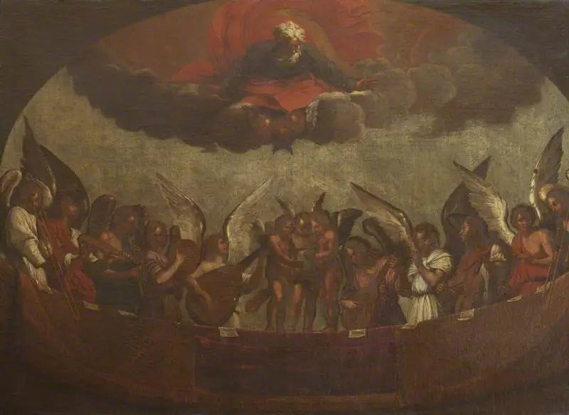 Een koor van zingende en instrumenten spelende engelen met God de Vader erboven - Guido Reni