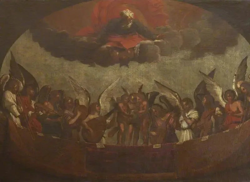 Een koor van zingende en instrumenten spelende engelen met God de Vader erboven - Guido Reni
