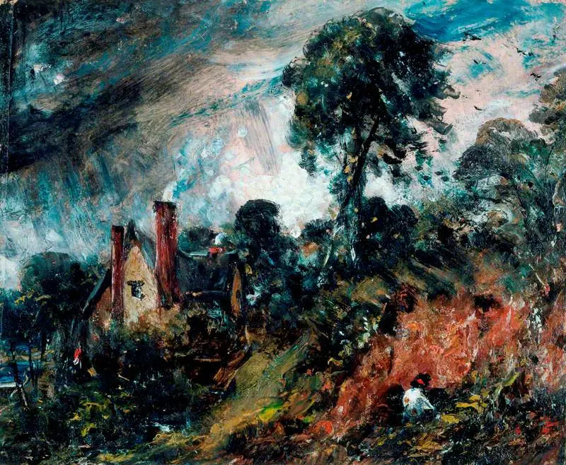Een chalet tussen de bomen met een zandbank - John Constable