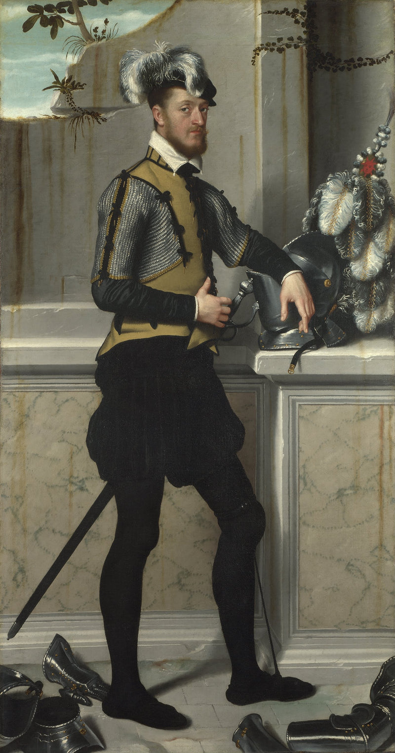 Een ridder met zijn toernooihelm (graaf Faustino Avogardo (?)) - Giovanni Battista Moroni