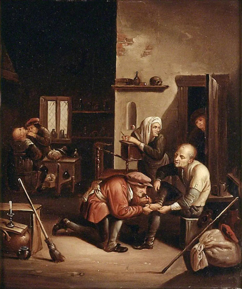 Een chirurg die de voet van een patiënt verzorgt en een barbier die een man scheert - David Teniers de Jonge

Source:
Un chirurgien soignant le pied d'un patient et un barbier rasant un homme - David Teniers le Jeune