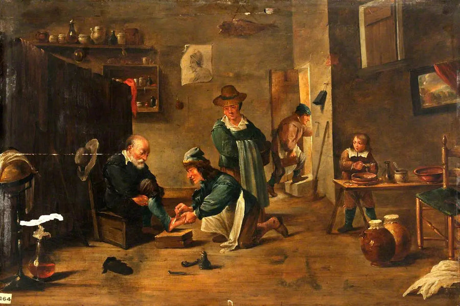 Een chirurg behandelt de voet van een man met een gips - David Teniers de Jonge

Source:
Un chirurgien soigne le pied d'un homme avec un plâtre - David Teniers le Jeune