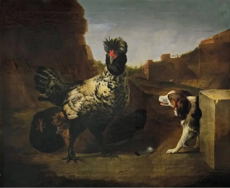 Een haan met kippen en een hond - Melchior de Hondecoeter